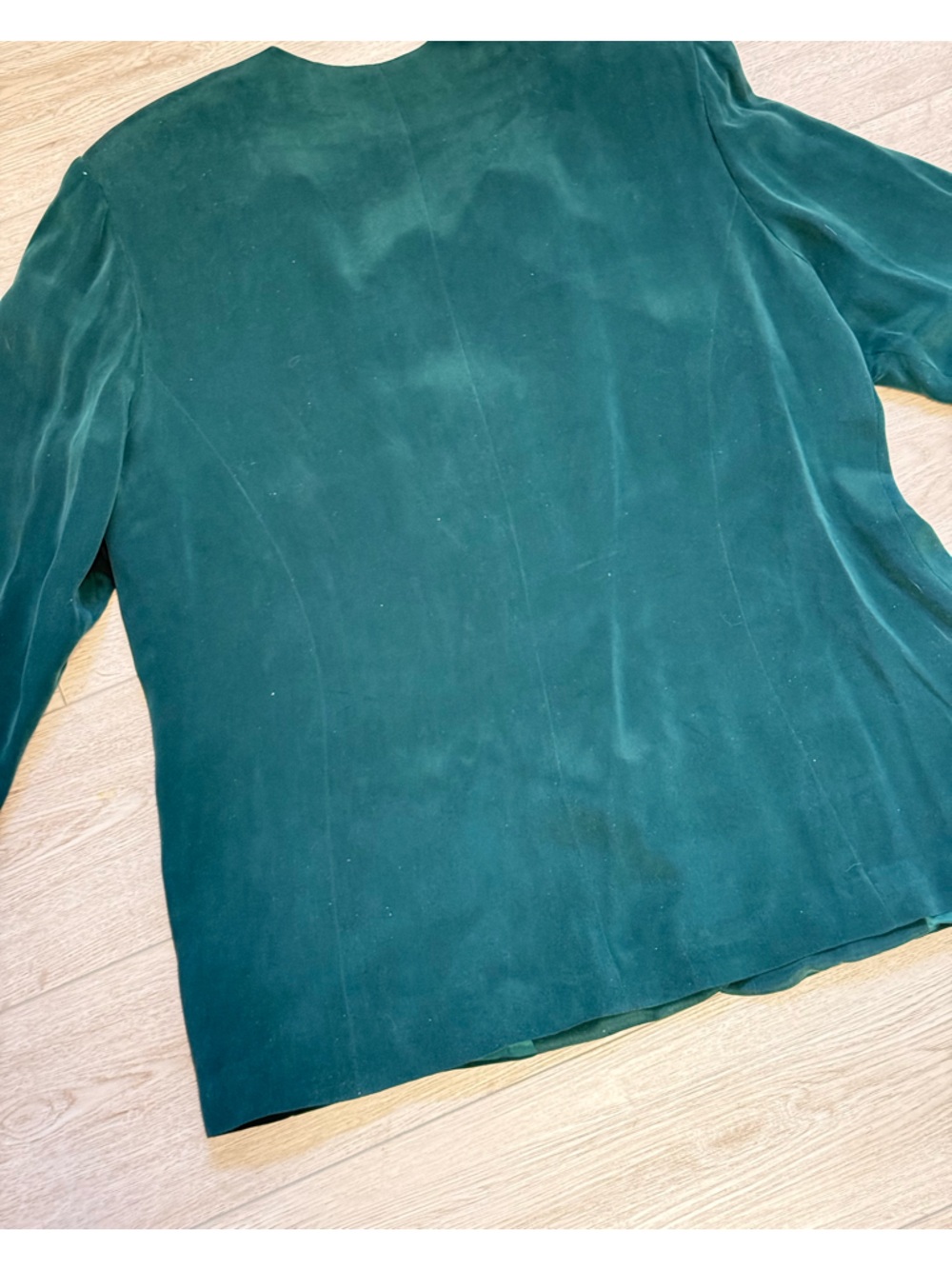 VTG. 100% Silk Green Jacket Mandarin Buttons Padded Shoulders Oversized Lined - Picture 6 of 7